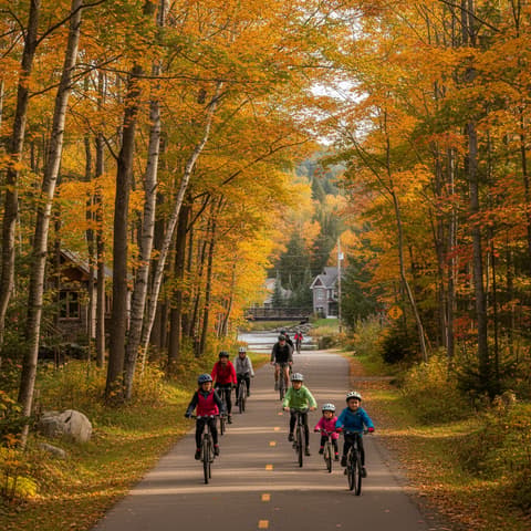 P'tit Train du Nord cycling path through autumn Laurentians forest